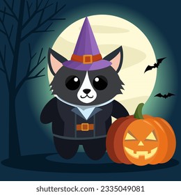 Cute animal cartoon Halloween with pumpkin and full moon at background.