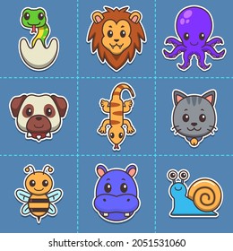 Cute Animal Cartoon Icon Bundle, Reptile, Mammalia, Octopus, Snail, Hippo, Bee