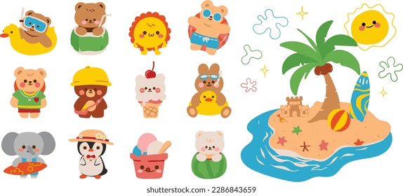 Cute Animal Cartoon Illustration at Beach or Summer Vibes