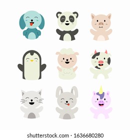 Cute Animal Cartoon Kawaii Set Dog Panda Pig Penguin Sheep Cow Cat Rabbit Unicorn Vector Illustration