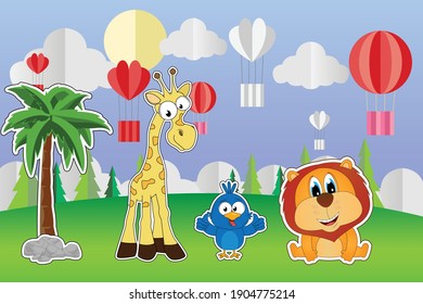 cute animal cartoon landscape, simple vector illustration