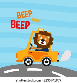 Cute animal cartoon lion driving a car in the city vector design illustration