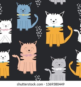 Cute animal cartoon pattern with funny cat seamless vector background for design