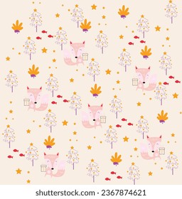 Cute animal cartoon pattern suitable for wallpaper Cute fox card and seamless pattern for baby shower decoration, nursery print, children's clothing, wrapping paper, fabric and textile. 