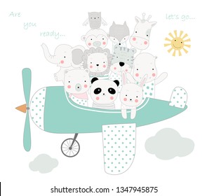 The cute animal cartoon with the plane to travel on holiday. cartoon sketch animal style