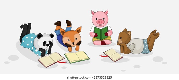 Cute animal cartoon reading a book together, for flash card, sticker, background, and other. A simple vector design.