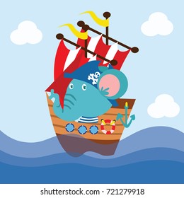 Cute animal cartoon series. Captain pirate elephant on his sailing ship.