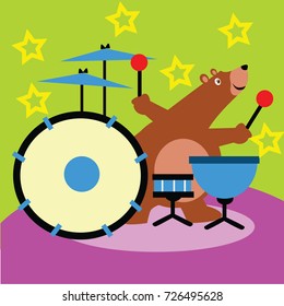 Cute animal cartoon series. Cartoon funny animal for kid t-shirt design and coloring book. Cute and funny bear playing drum instrument.