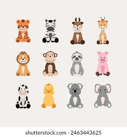 Eine niedliche Tierkarikatur in einem minimalistischen Stil, mit einer Vielzahl von Zoo- und Nutztieren. Entwickelt in einer einfachen und übersichtlichen Vektorgrafik. Ideal für Schulungsmaterialien für Kinder.