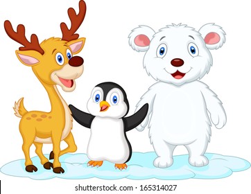 Cute animal cartoon standing on ice