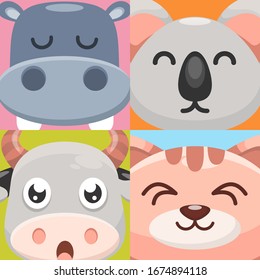 cute animal cartoon vector collection. Hippo, koala, bull, and cat.