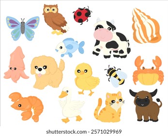 Cute Animal Cartoon Vector Illustration Set - Hand-drawn Collection Featuring Butterfly, Owl, Ladybug, Cow, Dog, Cat, Chick, Crab, Fish, Squid, Shrimp, Shell, Duck, Bee, and Buffalo