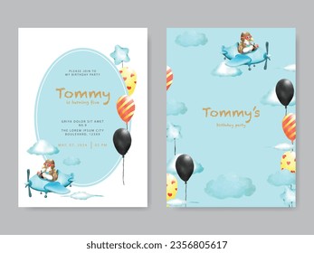 cute animal cartoon watercolor birthday invitation template