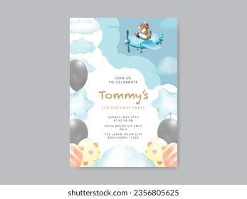 cute animal cartoon watercolor birthday invitation template