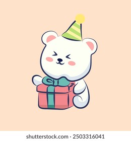 cute animal cartoon white bear sit  bring a gift vector