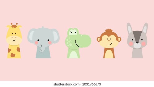 Cute animal cartoons for baby cards and invitations. Sweet funny animals. Vector illustration. Giraffe, elephant, crocodile, monkey, civet.
