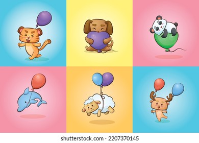 Cute animal cat dog panda deer goat dolphin tiger cartoon with party balloon illustration set