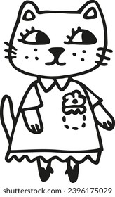 Cute animal. Cat girl in dress and shoes. Hand drawn cartoon pet in doodle style. Outline illustration of cartoon kitty for girl. Black and white line art picture with dressed kitten for baby design.