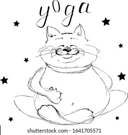 Cute animal cat in the lotus position, lettering yoga, for coloring book cartoon hand drawn vector illustration. Can be used for t-shirt print, kids wear fashion design, baby shower invitation card