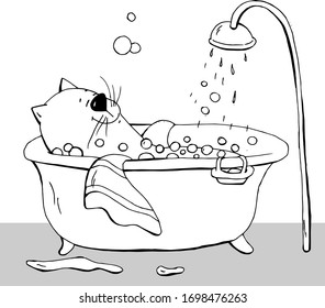 Cute animal cat is lying in a bath with foam, for coloring book cartoon hand drawn vector illustration. Can be used for t-shirt print, kids wear fashion design, baby shower invitation card