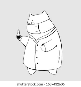 Cute animal cat in a medical gown and mask with a flask for coloring book cartoon hand drawn vector illustration. Can be used for t-shirt print, kids wear fashion design, baby shower invitation card