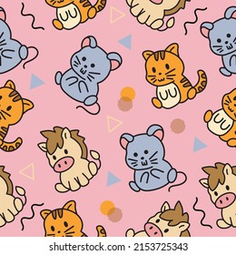 Cute Animal Cat Mouse and Horse Seamless Pattern doodle for Kids and baby