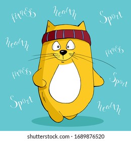 Cute animal cat runs with bandage on its head, lettering, cartoon hand drawn vector illustration. Can be used for t-shirt print, kids wear fashion design, baby shower invitation card