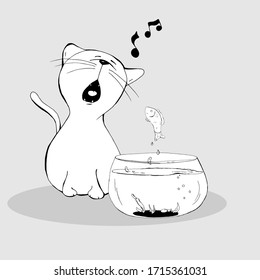 Cute animal a cat sings to a fish from an aquarium, for coloring book cartoon hand drawn vector illustration. Can be used for t-shirt print, kids wear fashion design, baby shower invitation card