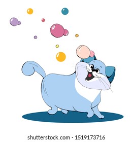 Cute animal cat with soap bubbles cartoon hand drawn vector illustration. 
Can be used for t-shirt print, kids wear fashion design, baby shower invitation card
