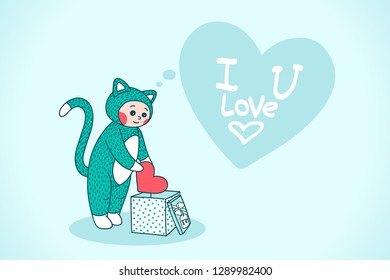 Cute animal cat wrapped valentine gift box for girlfriend with heart shaped bubble with text i love you