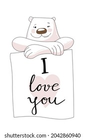 Cute animal character.
Cartoon polar bear - vector illustration. Template for greeting, invitations or cards about love.