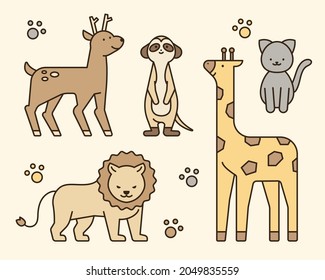 Cute animal character. Deer, meerkat, giraffe, lion, cat. outline simple vector illustration.