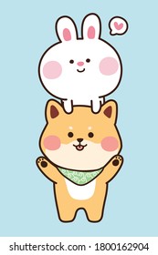 Cute animal character design.Dog and rabbit.Shiba inu.Japanese dog.Kawaii.Sticker.Card.Poster.Vector.Illustration.