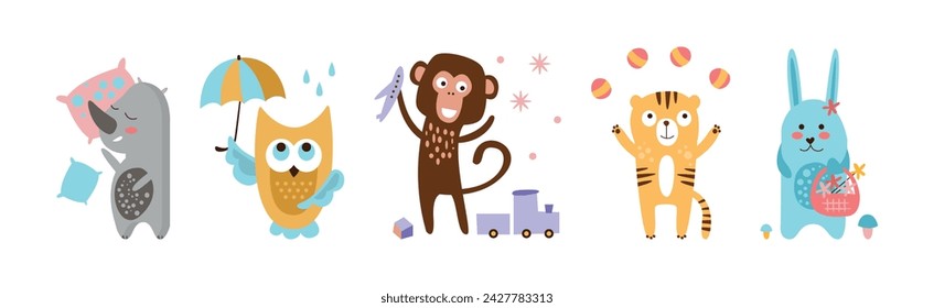Personaje animal lindo comprometido en diferentes actividades conjunto de vectores