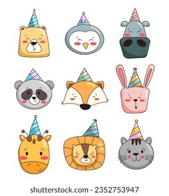 Cute animal character. Holiday birthday cap. Vector drawing. Collection of design elements.