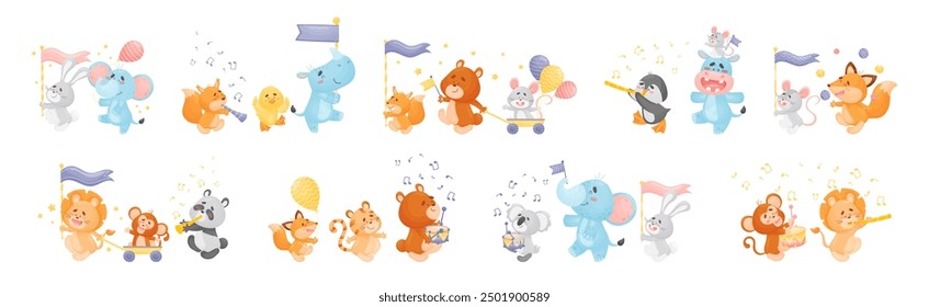 Cute Animal Character Marching and Playing Musical Instrument Vector Set