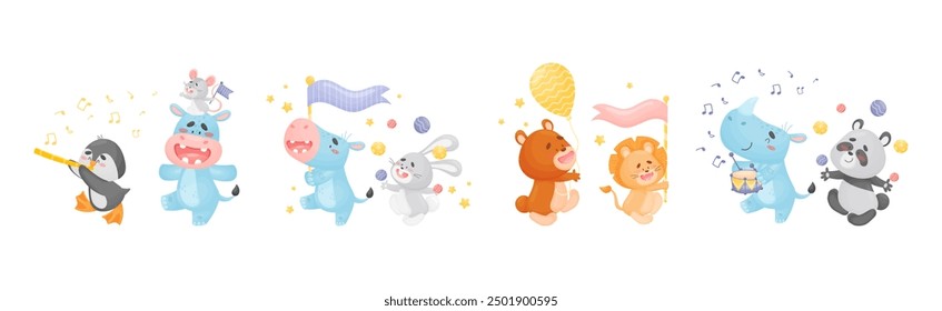 Cute Animal Character Marching and Playing Musical Instrument Vector Set