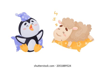 Cute Animal Character in Night Cap Sleeping on Pillow and Yawning Vector Set