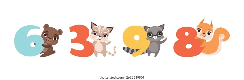 Cute Animal Character with Number and Numeral Vector Set