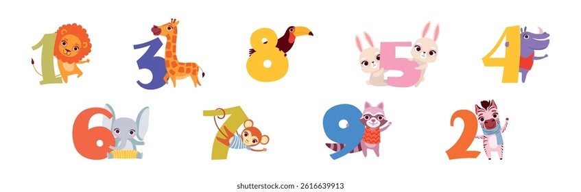 Cute Animal Character with Number and Numeral Vector Set