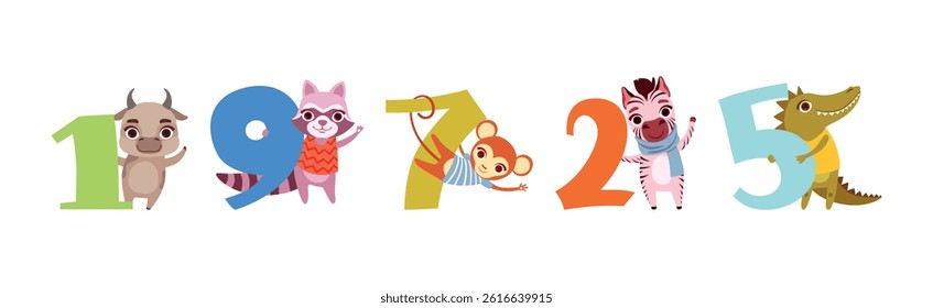 Cute Animal Character with Number and Numeral Vector Set