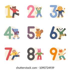 cute animal character and Numbers 1 through 9. flat design style vector illustration set