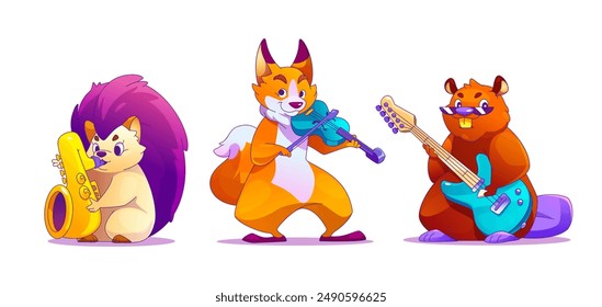 Cute animal character play in band on music instrument cartoon illustration. Kid party with fox and violin, beaver and guitar, hedgehog playing saxophone isolated set. Jazz performance orchestra