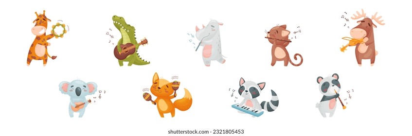 Cute Animal Character Playing Musical Instruments Performing Concert Vector Set