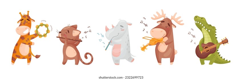 Cute Animal Character Playing Musical Instruments Performing Concert Vector Set