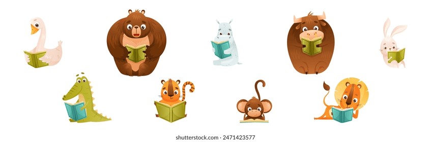 Cute Animal Character Reading Book Enjoying Interesting Story Vector Set