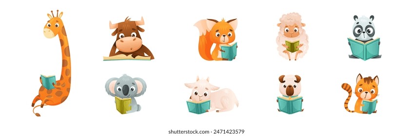 Cute Animal Character Reading Book Enjoying Interesting Story Vector Set