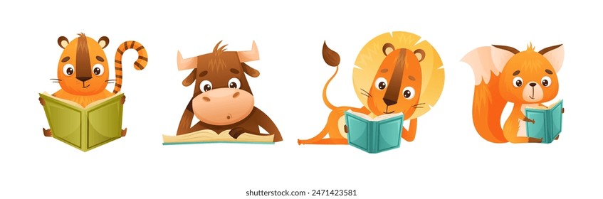 Cute Animal Character Reading Book Enjoying Interesting Story Vector Set