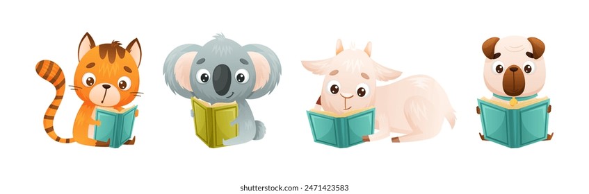 Cute Animal Character Reading Book Enjoying Interesting Story Vector Set