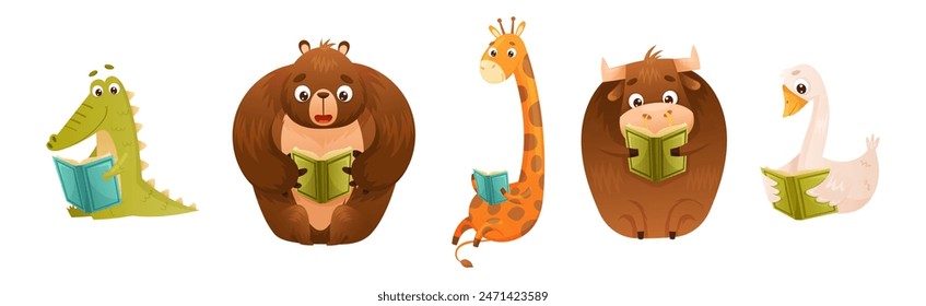 Cute Animal Character Reading Book Enjoying Interesting Story Vector Set